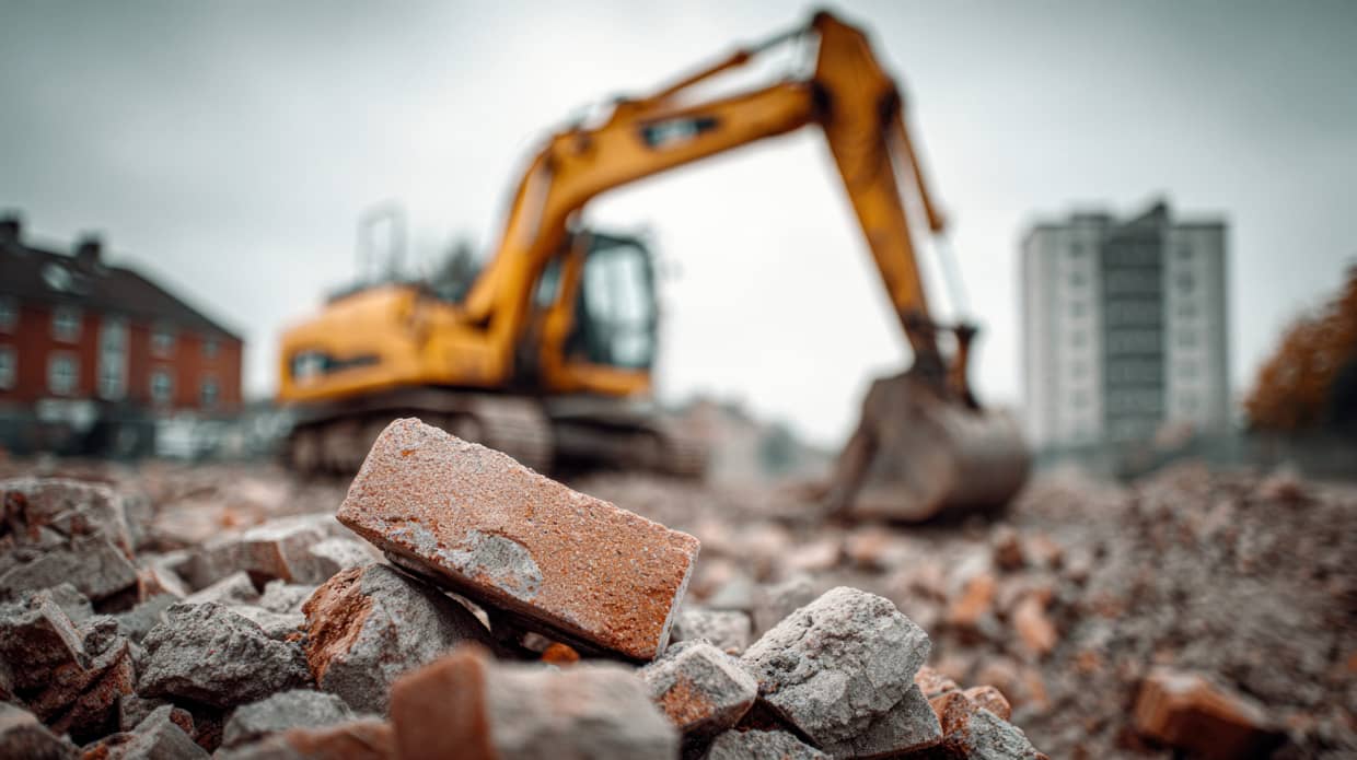 Demolition machinery working beside rubble on a redevelopment site